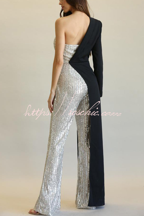 Fashionable Sequined Patchwork One-sided Long-sleeved Asymmetrical Jumpsuit