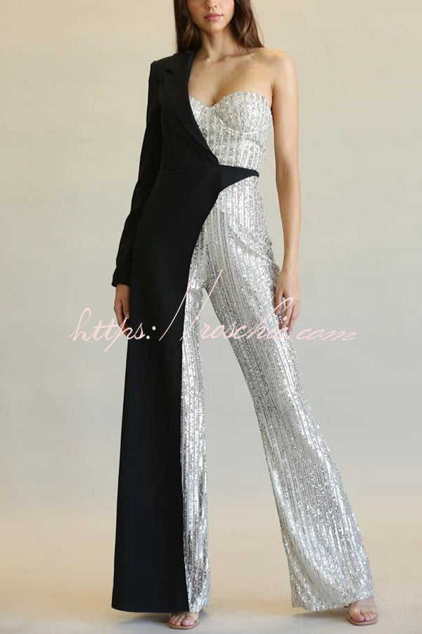 Fashionable Sequined Patchwork One-sided Long-sleeved Asymmetrical Jumpsuit