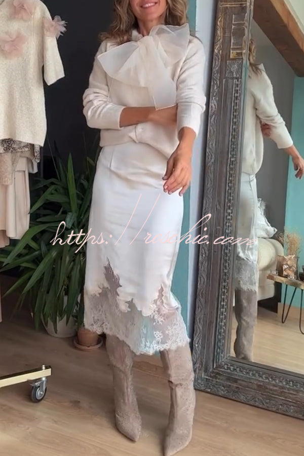 Orozco Knit Organza Bow Button-down Long Sleeve Loose Cardigan